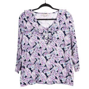 Jones New York Sport Paisley Shirt XL Womens NEW VNeck Ruffle Navy Purple